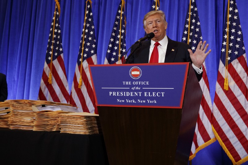 President-elect Donald Trump speaks during a news conference in the lobby of Trump Tower in New York, Wednesday, Jan. 11, 2017. CREDIT: AP Photo/Evan Vucci