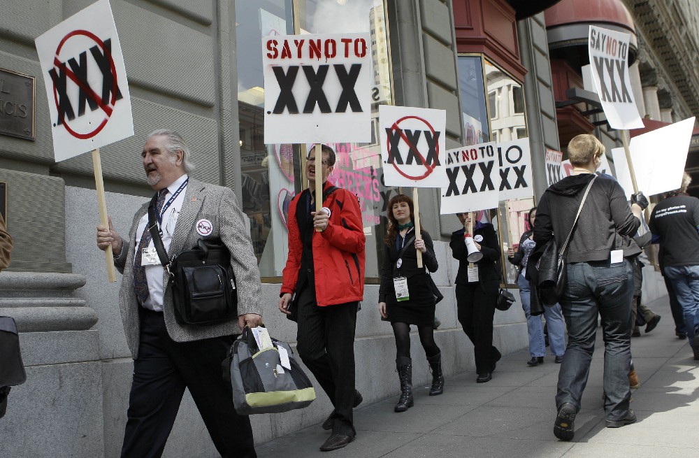 A 2011 protest in San Francisco against plans to require adult sites to use a .xxx domain CREDIT: AP Photo