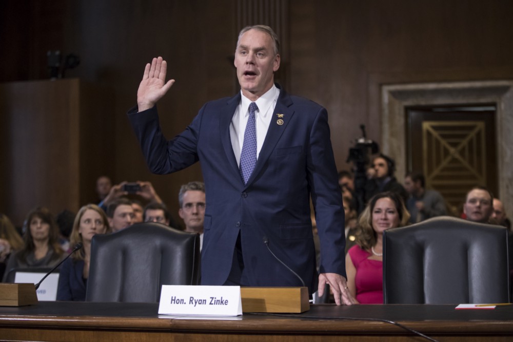Interior Secretary-designate, Rep. Ryan Zinke (R-MT) being sworn in for his nomination hearing Tuesday. AP Photo/J. Scott Applewhite