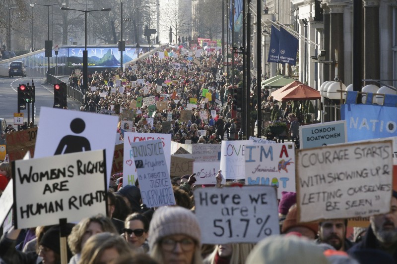 Demonstrators take part in the Women’s March on London, following the Inauguration of U.S. President Donald Trump, in London, Saturday Jan. 21, 2016. CREDIT: AP Photo/Tim Ireland