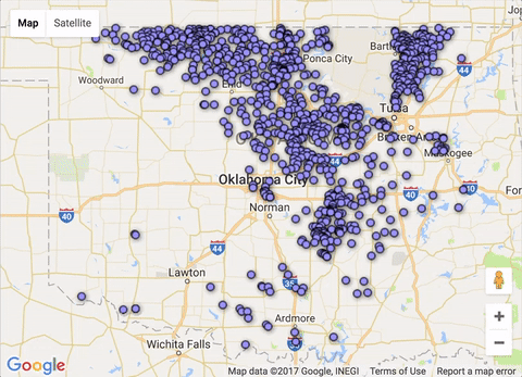 Data from 2009–2016 shows earthquakes near oil wells (purple). CREDIT: State of Oklahoma