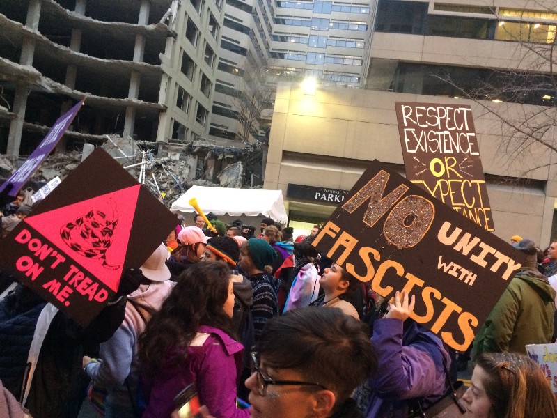 Dozens of queer activists block one entrance to the national mall on the morning of Donald Trump’s inauguration. CREDIT: Alice Ollstein