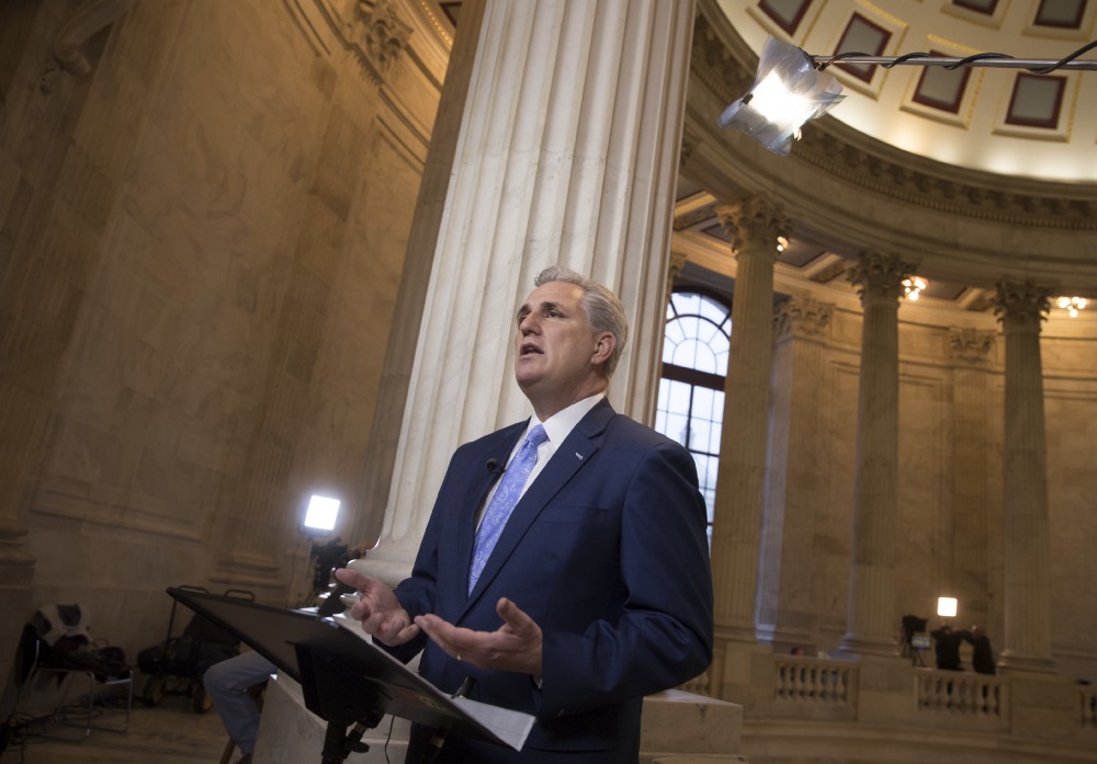 House Majority Leader Kevin McCarthy of Calif. discusses the move by House Republicans to eviscerate the independent Office of Government Ethics, during a network television interview on Capitol Hill in Washington, Tuesday, Jan. 3, 2017. McCarthy voted against the amendment but defended the overall effort by his caucus. CREDIT: AP Photo/J. Scott Applewhite