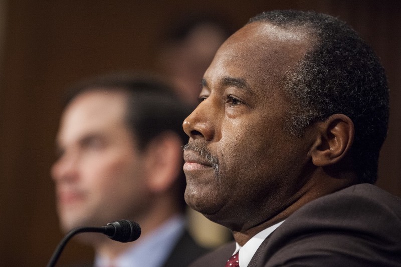 Housing and Urban Development Secretary-designate Ben Carson prepares to testifies on Capitol Hill in Washington, Thursday, Jan. 12, 2017, at his confirmation hearing before the Senate Banking, Housing, and Urban Affairs Committee. CREDIT: AP /Zach Gibson