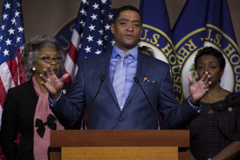 Congressional Black Caucus Chairman Rep. Cedric Richmond announces the group’s opposition to Sen. Jeff Sessions (R-AL). CREDIT: AP Photo/Zach Gibson