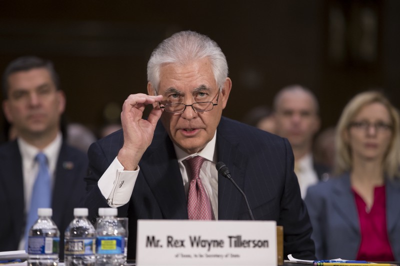 Secretary of State-designate Rex Tillerson testifies on Capitol Hill in Washington, Wednesday, Jan. 11, 2017, at his confirmation hearing before the Senate Foreign Relations Committee. CREDIT: AP Photo/J. Scott Applewhite
