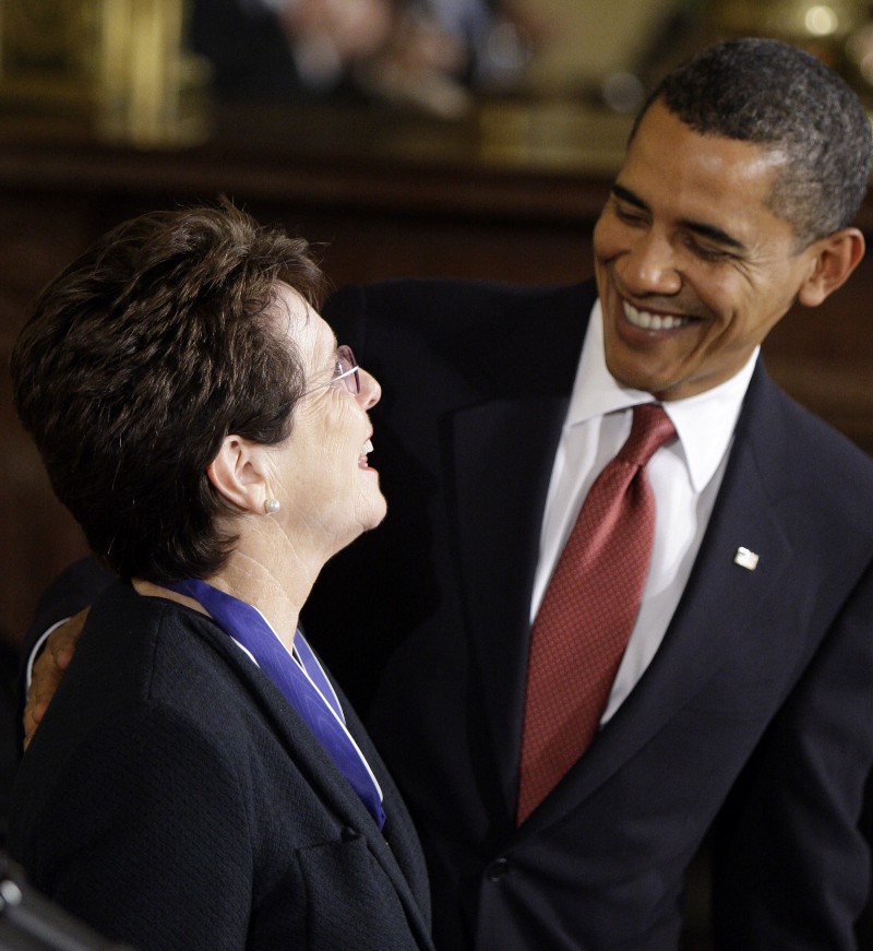 President Barack Obama laughs with tennis great Billie Jean King in the East Room of the White House in Washington, Wednesday, Aug. 12, 2009, after presenting her with a 2009 Presidential Medal of Freedom. CREDIT: AP Photo/Alex Brandon