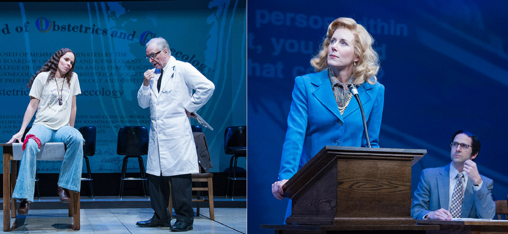 Left: Sara Bruner (as Norma McCorvey) and Richard Elmore. Right: Sarah Jane Agnew (as Sarah Weddington), and Mark Bedard in “Roe” at Arena Stage at the Mead Center for American Theater. CREDIT: C. Stanley Photography.