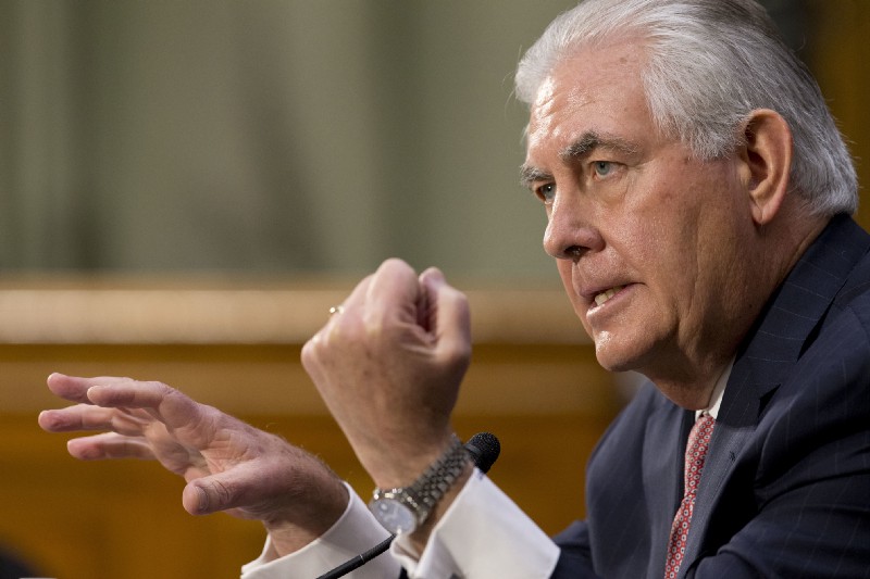Secretary of State-designate Rex Tillerson testifies on Capitol Hill in Washington, Wednesday, Jan. 11, 2017, at his confirmation hearing before the Senate Foreign Relations Committee. CREDIT: AP Photo/Steve Helber