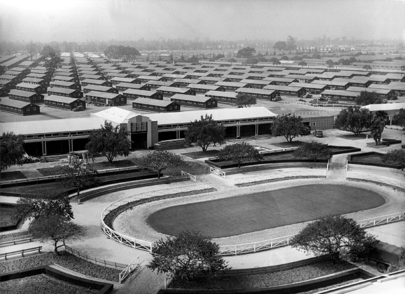 The Santa Anita Park race track is converted into an internment for evacuated Japanese Americans who will occupy the barracks erected in background in Arcadia, Ca., April 3, 1942 during World War II. CREDIT: AP Photo