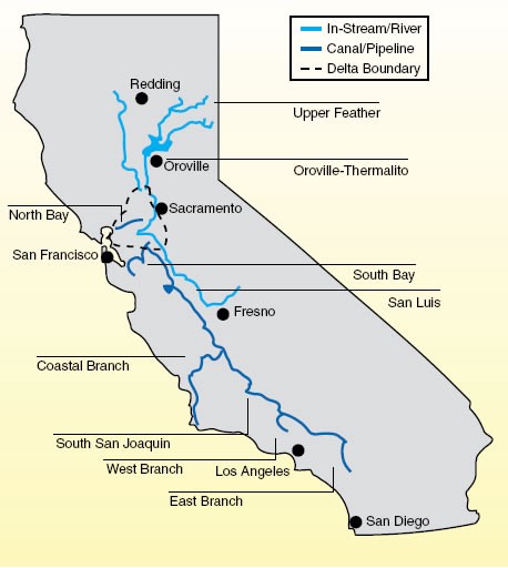 Water moves from Northern California to Southern California via a series of rivers and canals. CREDIT: California Legislative Analyst’s Office