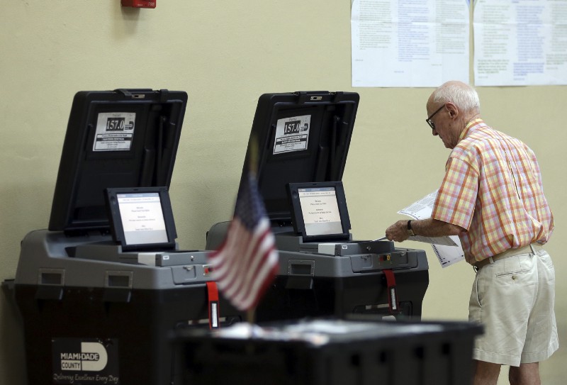 John Walker, 88, places his completed ballot into a machine after voting in the general election, Tuesday, Nov. 8, 2016, in Miami Shores, Fla. CREDIT: AP Photo/Lynne Sladky