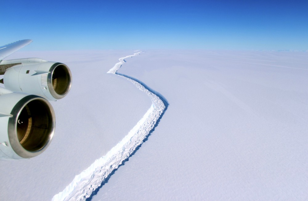 A crack in Antarctics’s Larsen C ice shelf has grown sharply in recent months. CREDIT: NASA.