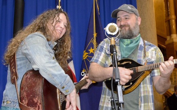 Indiana-based band The Hammer and the Hatchet perform at the pro-forest rally. CREDIT: Martha Fox/Indiana Forest Alliance.