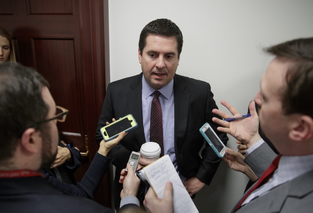 House Intelligence Committee Chairman Rep. Devin Nunes, R-Calif., is questioned by reporters on Capitol Hill in Washington, Tuesday, Feb. 14, 2017, on the ouster of Michael Flynn, President Trump’s national security adviser. CREDIT: AP Photo/J. Scott Applewhite