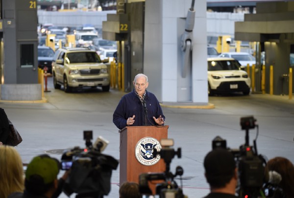 Secretary of Homeland Security John Kelly speaks at news conference as cars enter the United States from Mexico at the San Ysidro Port of Entry on February 10. CREDIT: AP Photo/Denis Poroy