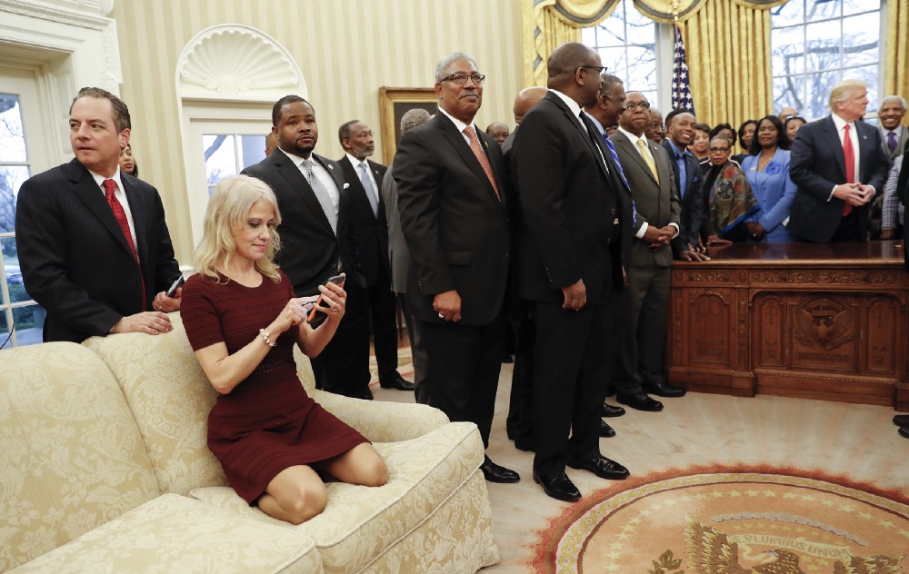 President Donald Trump, right, meets with leaders of Historically Black Colleges and Universities (HBCU) in the Oval Office of the White House on Monday. CREDIT: AP Photo/Pablo Martinez Monsivais