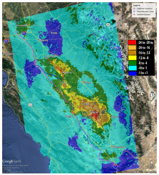 Total subsidence in the San Joaquin Valley for the period May 7, 2015 — Sept. 10, 2016 as measured by ESA’s Sentinel-1A and processed at JPL. Two large subsidence bowls are evident centered on Corcoran and SE of El Nido with a small, new feature between them, near Tranquility. An arm of the large Corcoran bowl also extends to the California aqueduct near Avenal. CREDIT: Progress Report: Subsidence in California, March 2015 — September 2016