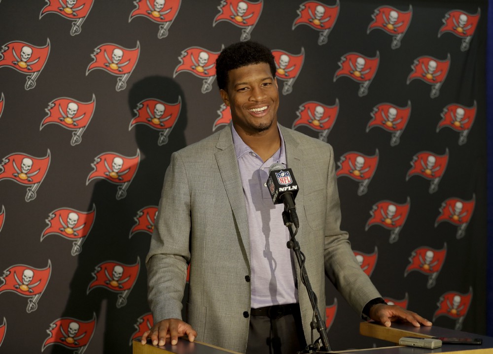 Tampa Bay Buccaneers quarterback Jameis Winston talks during a news conference after their win against the San Diego Chargers in an NFL football game Sunday, Dec. 4, 2016, in San Diego. CREDIT: AP Photo/Gregory Bull
