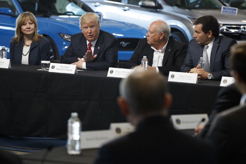 President Donald Trump speaking to auto executives on March 15. CREDIT: AP Photo/Evan Vucci
