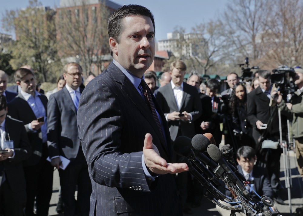 Nunes, speaks with reporters outside the White House on Wednesday following a meeting with President Trump. CREDIT: AP Photo/Pablo Martinez Monsivais