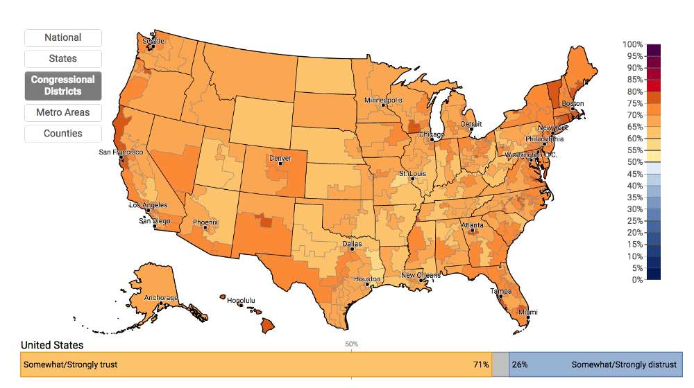 The proportion of adults who trust climate scientists for information about global warming, broken down by congressional district. CREDIT: Yale/George Mason University
