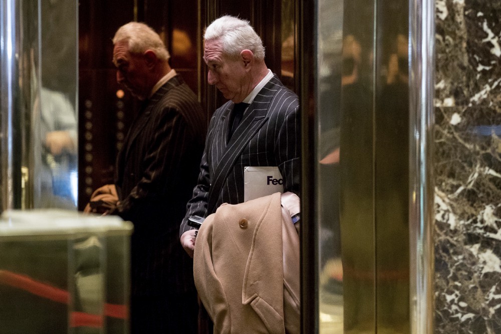 Roger Stone, political consultant for Donald Trump, boards an elevator at Trump Tower on December 6, 2016. CREDIT: AP Photo/Andrew Harnik