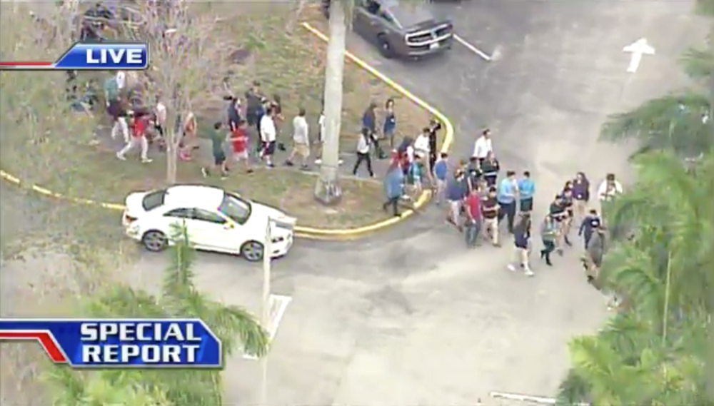 Students evacuate a Jewish Community Center in Davie, Florida on Tuesday. CREDIT: Screenshot/WSVN 7 News