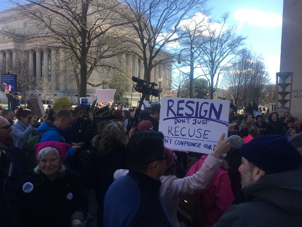 Protesters outside the DOJ. CREDIT: Kira Lerner
