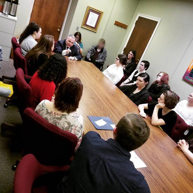 This was Helbert’s vantage point as the students met with Sen. Kevin Brooks (R), who insisted he was unaware she was there or recording. CREDIT: Jacqui Helbert via Nashville Scene