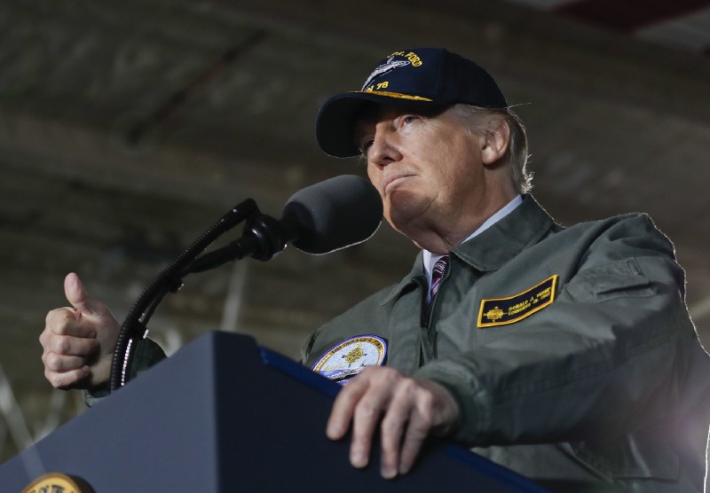 President Trump speaking to Navy and shipyard personnel on nuclear aircraft carrier Gerald R. Ford. CREDIT: AP Photo/Pablo Martinez Monsivais