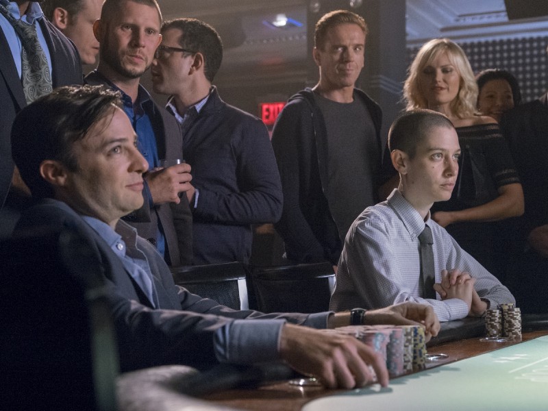 Danny Strong as Todd Krakow, Damian Lewis as Bobby “Axe” Axelrod, Malin Akerman as Lara Axelrod and Asia Kate Dillon as Taylor in BILLIONS (Season 2, Episode 03) CREDIT: Jeff Neumann/SHOWTIME