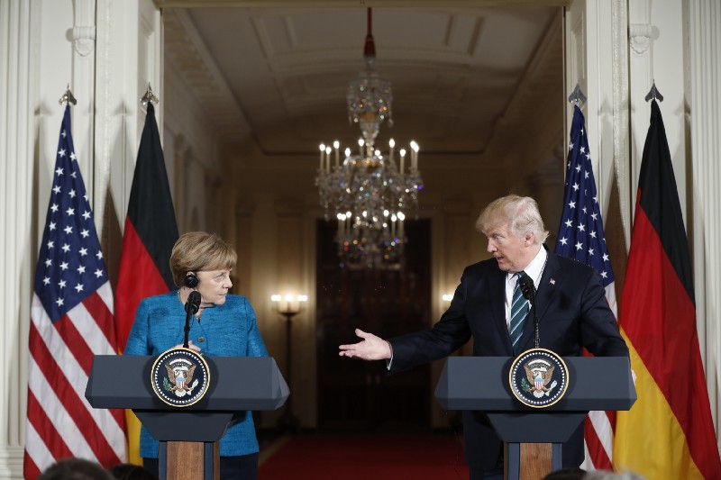 President Donald Trump and German Chancellor Angela Merkel participate in a joint news conference in the East Room of the White House in Washington, Friday, March 17, 2017 CREDIT: AP Photo/Pablo Martinez Monsivais