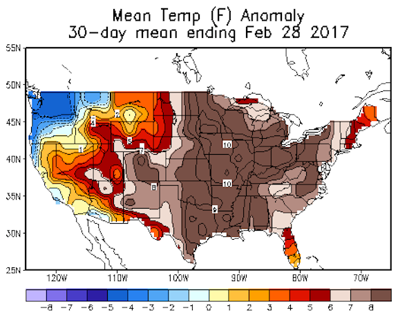 In February, the average temperature in the Midwest was 10º F above normal. CREDIT: NOAA/NWS