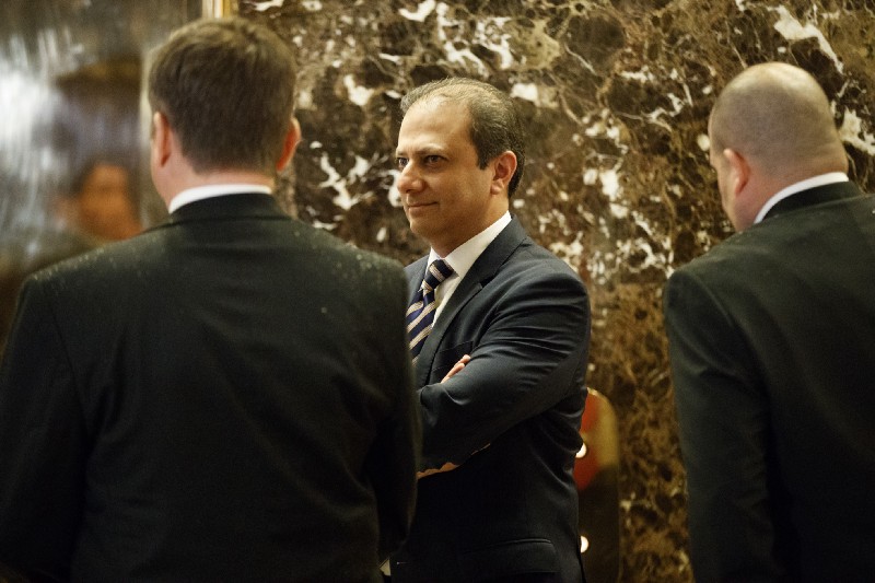 Manhattan U.S. Attorney Preet Bharara waits for the elevator in the lobby of Trump Tower, Wednesday, Nov. 30, 2016, in New York. CREDIT: AP Photo/Evan Vucci