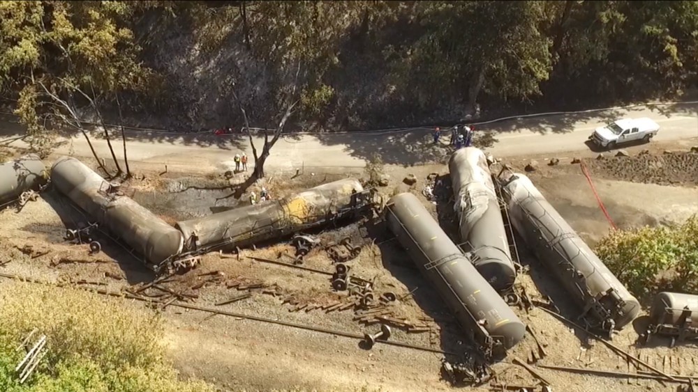 The June 2016 oil train derailment in Mosier, Oregon. CREDIT: Brent Foster via AP, file