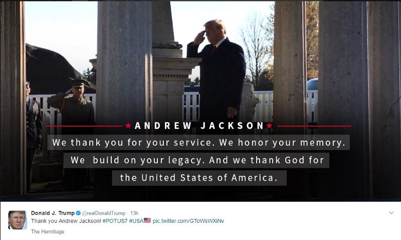 Donald Trump celebrating Andrew Jackson in Tennessee, and on Twitter.