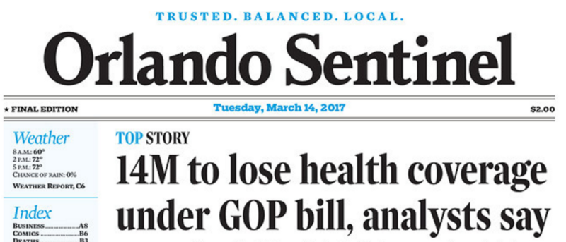 Front page screenshot, CREDIT: Orlando Sentinel, FL