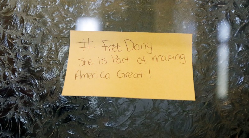 A sticky note, calls for freeing 22-year old Daniela Vargas, a Argentine native who has lived in the United States since she was seven years old, was placed on a lawmaker’s office door at the Capitol in Jackson, Miss.. CREDIT: AP Photo/Rogelio V. Solis