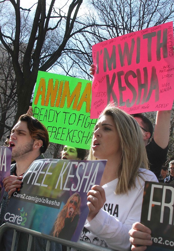 On March 11, 2016, Kesha supporters rally outside of SONY music headquarters in New York City where a petition with over 200,000 signatures was delivered asking Sony to drop Dr. Luke from his contract with the company and free Kesha from working with him CREDIT: Rainmaker Photo/MediaPunch/IPX