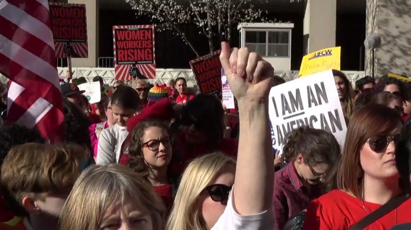Participants in Wednesday’s Women Workers Rising rally at Labor Department headquarters. CREDIT: Screenshot/V-Day