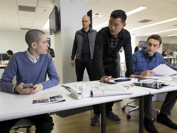 Asia Kate Dillon as Taylor, Kelly Aucoin as “Dollar” Bill Stearn, Daniel K. Isaac as Ben Kim and Dan Soder as Mafee in BILLIONS (Season 2, Episode 03). CREDIT: Jeff Neumann/SHOWTIME