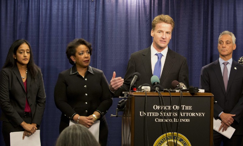 Outgoing U.S. Attorney for Chicago Zach Fardon announces the findings of a federal investigation of the Chicago Police Department in January, alongside Mayor Rahm Emanuel (D) and former Attorney General Loretta Lynch. CREDIT: AP Photo/Teresa Crawford