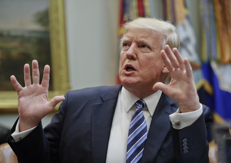 President Donald Trump gestures while speaking during a meeting on healthcare in the Roosevelt Room of the White House in Washington, Monday, March 13, 2017. CREDIT: AP Photo/Pablo Martinez Monsivais