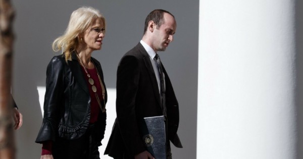 Kellyanne Conway and Stephen Miller, both senior advisers to President Donald Trump, walk to a news conference with President Donald Trump and Japanese Prime Minister Shinzo Abe at the White House on February 10. CREDIT: AP Photo/Evan Vucci