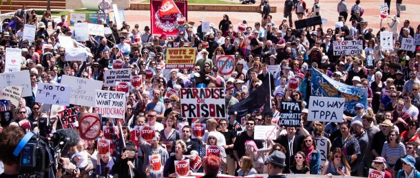 A TPP protest in New Zealand in 2016 CREDIT: Neil Ballantyne/FOE