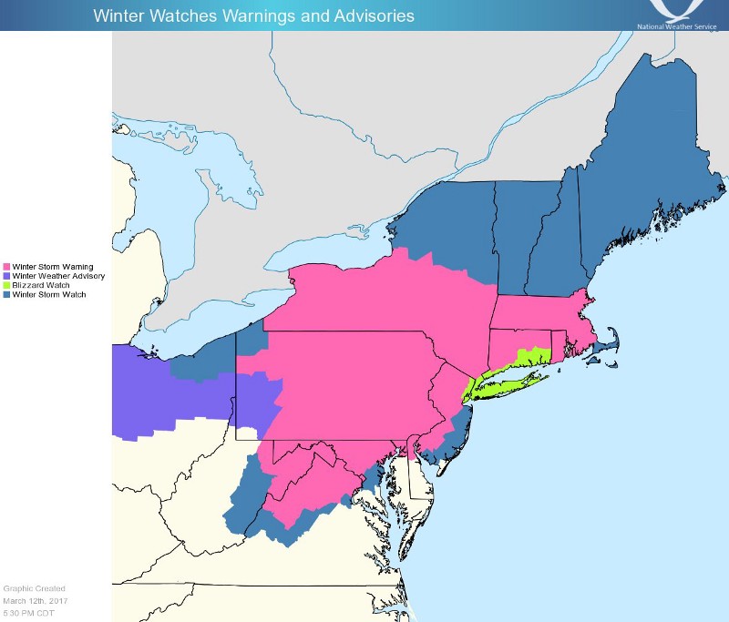 The National Weather Service winter storm and blizzard warning for the Northeast from Sunday evening.