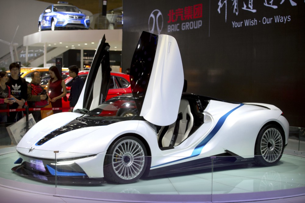 An Arcfox-7 Chinese electric sports car at the Beijing International Automotive Exhibition in April 2016. CREDIT: AP Photo/Mark Schiefelbein