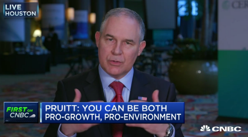 Scott Pruitt on CNBC’s Squawk Box on Thursday. CREDIT: Screenshot via CNBC