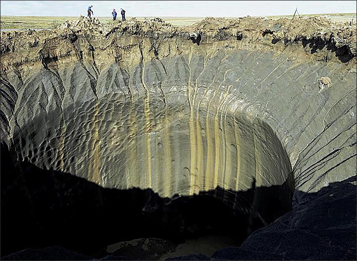 Crater formed from underground methane explosion in Siberia. CREDIT: Siberia Times